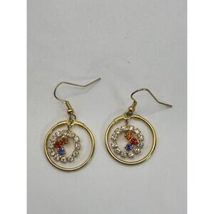 Vintage Gold Tone Rhinestone Circle Drop Earrings – Red Blue Amber Accent Hoops
